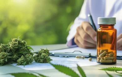 Osoba pisze na podkładce obok brązowej butelki na tabletki z kapsułkami, pąkami konopi i liściem konopi na stole, na tle zieleni.