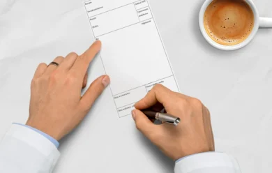 Osoba pisze na pustym formularzu długopisem, wskazując go, a obok na białej powierzchni stoi filiżanka kawy.