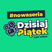 Grafika z ikoną kamery wideo w stylu retro i polskim tekstem: #nowaseria Dzisiaj Piątek Cykl wideo na zielonym tle.